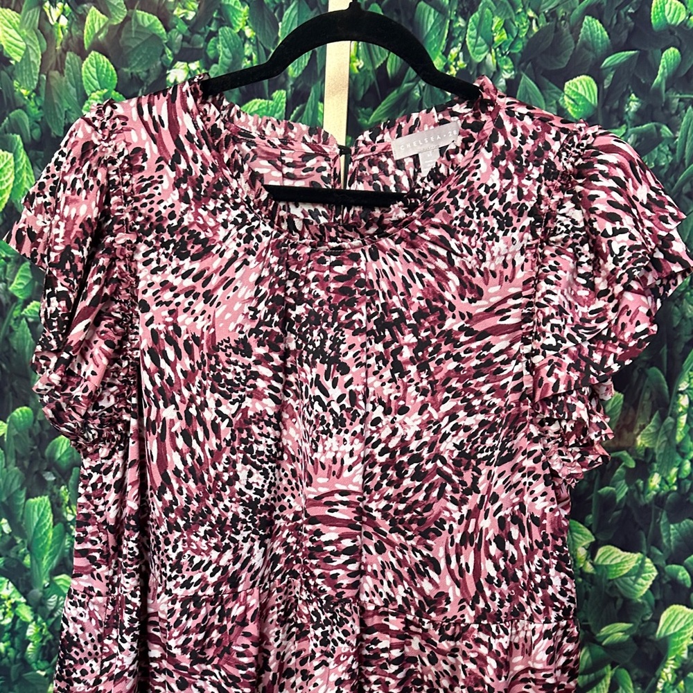 Chelsea28 Pink Animal Printed Puff Sleeve Tiered Satin Minidress Ladies XL - Picture 3 of 8